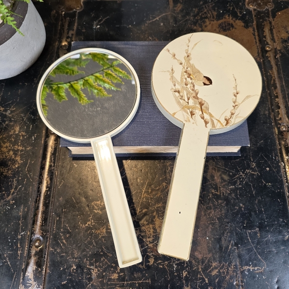 Set 2 Otagiri Japan Hand Mirrors Bird on Catkin Branch MCM Vintage Vanity 11" - Picture 1 of 12